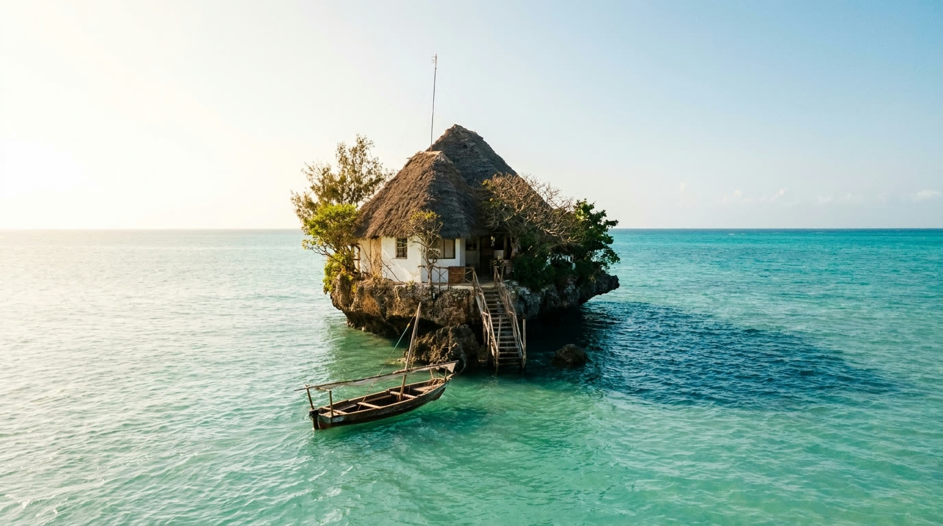 Restaurant on a rock in turquoise sea at high tide, Michanwi Pingwe, Zanzibar